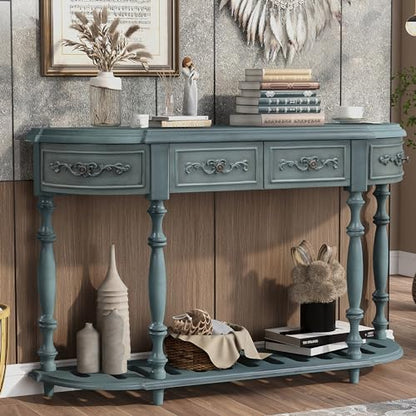 52'' Curved Half Moon Entryway Console Table with Storage, Antique Blue | Semicircular Accent Table, French Country, Solid Wood Legs, 4 Drawers, Open Shelf, Easy Assembly, for Living Room & Hallway