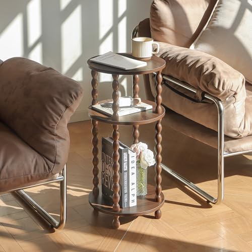 Small Round End Table, Round Side Table with 3-Tier Open Shelf for Small Spaces, Wood Accent Table Nightstand for Bedroom, Living Room, Office, Walnut Brown