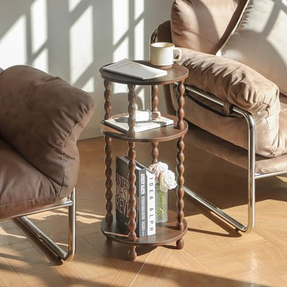Small Round End Table, Round Side Table with 3-Tier Open Shelf for Small Spaces, Wood Accent Table Nightstand for Bedroom, Living Room, Office, Walnut Brown