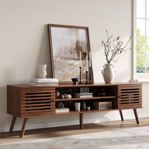 61" Mid Century Modern TV Stand for 50/55/60/70 inch TV, TV Media Console with Slatted Doors for TVs up to 70", Entertainment Center with Storage for Living Room, Bedroom, Walnut