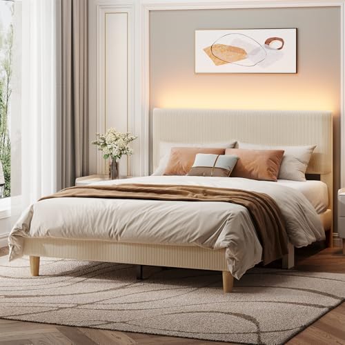Queen Bed Frame Beige with LED Lighting, view 2
