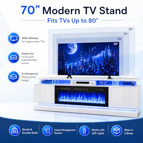 70" Fireplace TV Stand for TVs up to 80", White & Black, view 5