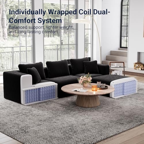 141” 6-Seat Modular Sectional Sofa Couch, Individually Wrapped Coil Support & Corduroy Fabric, Zero Assembly 6-Piece Set for Large Living Room, Black