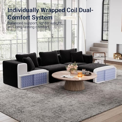 141” 6-Seat Modular Sectional Sofa Couch, Individually Wrapped Coil Support & Corduroy Fabric, Zero Assembly 6-Piece Set for Large Living Room, Black