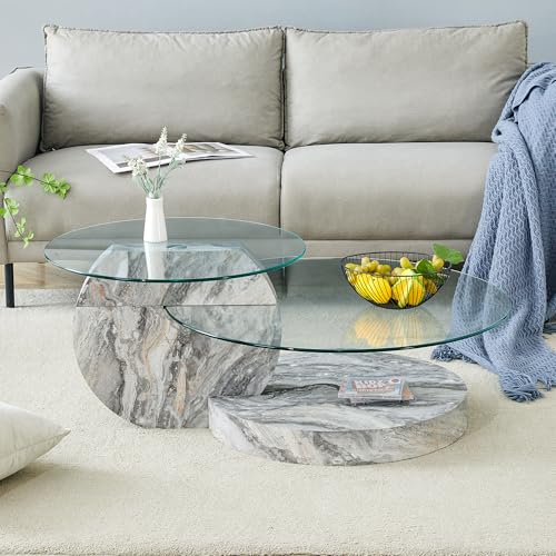 42" Glass Coffee Table｜Oval Coffee Table｜3-Tier Design with Oval Tempered Glass Tabletop｜Grey Marble Color Wooden Base｜Large Storage Space｜Smooth Edge｜Ideal for Living Room｜Easy Assembly
