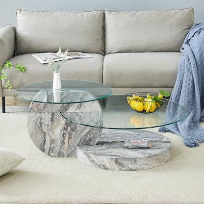 42" Glass Coffee Table｜Oval Coffee Table｜3-Tier Design with Oval Tempered Glass Tabletop｜Grey Marble Color Wooden Base｜Large Storage Space｜Smooth Edge｜Ideal for Living Room｜Easy Assembly