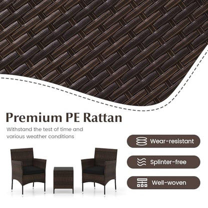 3 Pieces Patio Rattan Furniture Set, Outdoor Conversation Set with PE Wicker Armchairs, Tempered Glass Top Coffee Table, Soft Removable Cushions, for Porch Garden Yard Balcony (Black)