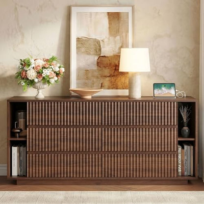 63 Inch Fluted 6 Drawers Dresser with Shelves, Walnut, view 2