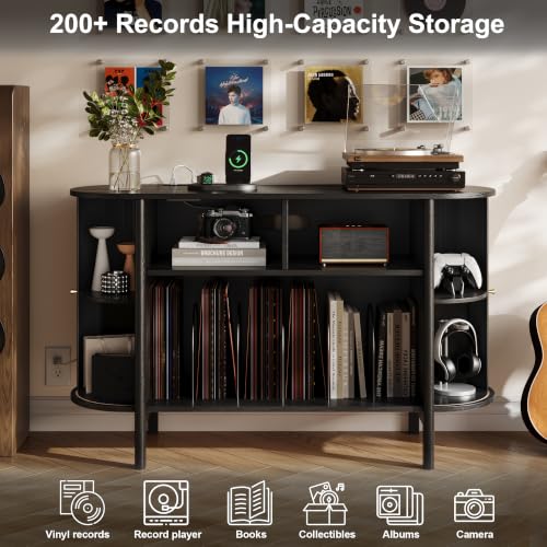 43"W Record Player Stand with Power Outlets, Vinyl Storage Cabinet, Black, view 5