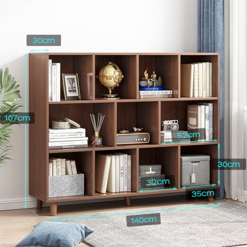 IOTXY Open Cubes Low Bookcase - 3-Tier 11-Cube Short Bookshelf in Walnut | Nordic Minimalist Style, MDF Material, Solid Wood Legs, Deep Storage Cubes, Free Standing Wooden Cabinet Organizer Unit