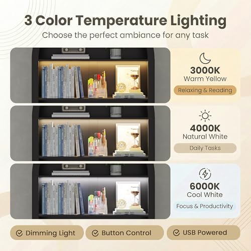 Arched Writing Desk with Hutch, Home Office Desk with 2 Drawers, Secretary Desk with Outlets, 3 Color LED Lights, Open Shelves, Computer Desk for Small Space, Bedroom 35.4" W x 70.8" H (Black)