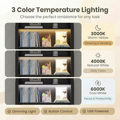 Arched Writing Desk with Hutch, Home Office Desk with 2 Drawers, Secretary Desk with Outlets, 3 Color LED Lights, Open Shelves, Computer Desk for Small Space, Bedroom 35.4" W x 70.8" H (Black)