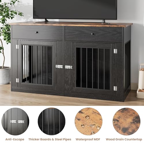 60" Dog Crate Furniture for 2 Dogs, Dog Kennel Furniture, Black, view 4
