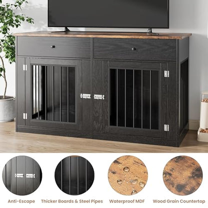 60" Dog Crate Furniture for 2 Dogs, Dog Kennel Furniture, Black, view 4