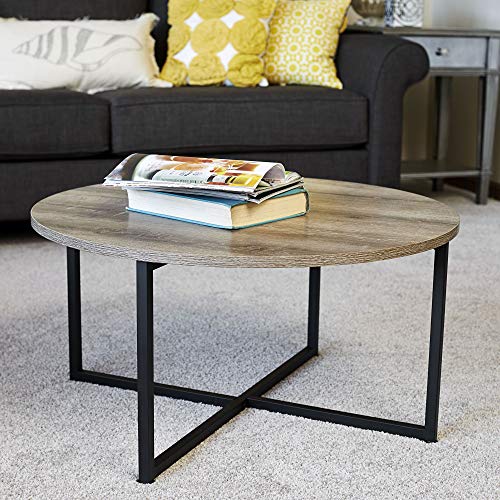 Jamestown Round Coffee Table Ashwood Rustic Wood Grain and Black Metal 31.5 x 31.5, Taupe