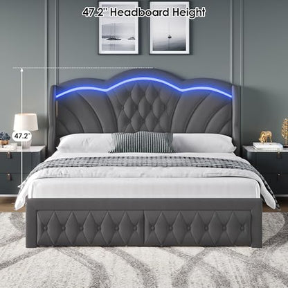 Queen Bed Frame with LED Lights and 2 Storage Drawers, Velvet Upholstered Platform with 47" Tall Arc-Shaped Wingback Headboard and Button Tufted Design, No Box Spring Needed, Noise-Free, Gray