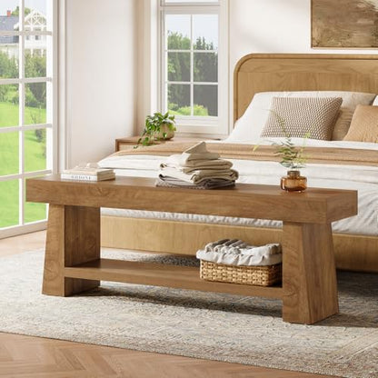 Tribesigns Wooden Entryway Bench with Shoe Storage, 63" Long 2-Tier Farmhouse Indoor Seating Bench with Open Shelves for Hallway, Foyer, End of Bed Stool for Bedroom, Brown