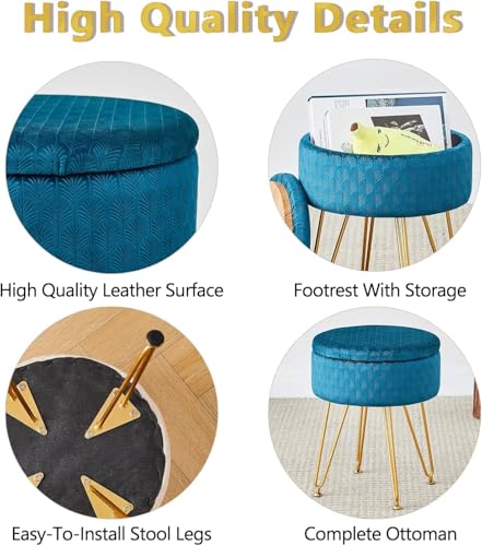 Velvet Storage Ottoman Round Footrest Stool Multifunctional Upholstered Ottoman Modern Accent Vanity Stools Tray Top Coffee Table Suitable for Living Room Bedroom