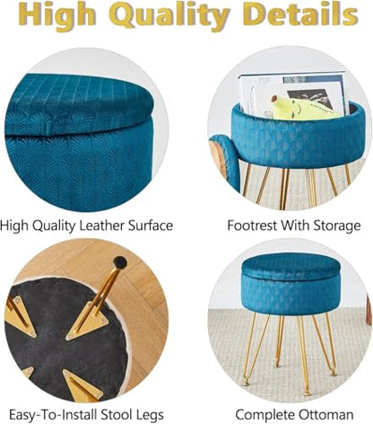 Velvet Storage Ottoman Round Footrest Stool Multifunctional Upholstered Ottoman Modern Accent Vanity Stools Tray Top Coffee Table Suitable for Living Room Bedroom