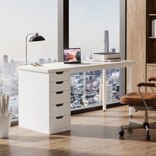 Tribesigns Modern Simple Computer Desk, 47 Inches PC Desk with 5 Reversible Drawers, Rustic Brown Study Writing Table Workstation for Home Office Small Spaces (All White)