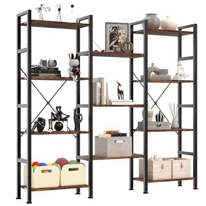Triple Column 4 Tier Bookshelf with Adjustable Shelves, Wide Convertible Display Unit, Industrial Bookcase for Living Room & Home Office, Sturdy Freestanding Storage Decor Organizer, Rust
