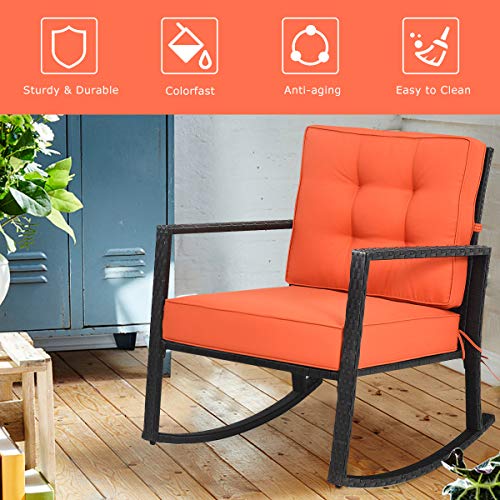 Wicker Rocking Chair, Outdoor Rattan Rocker Chair with Heavy-Duty Steel Frame, Patio Furniture Seat with 5” Thick Cushion for Garden, Porch, Backyard, Poolside (1, Orange)