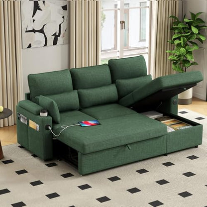 81" L-Shaped Sectional Sofa Couch, Pull-Out Sleeper Sofa Bed with Storage Chaise, Double Cup Holders, Dual USB Charging Ports, Couches for Living Room Apartment