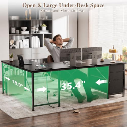 63" L Shaped Desk, Computer Corner Desk with Outlets, Black, view 6