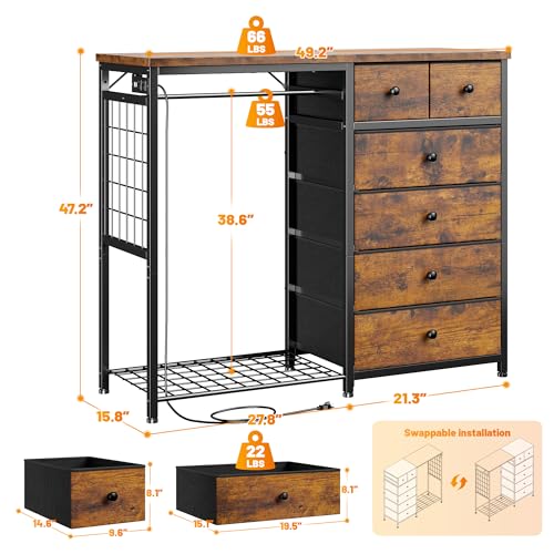 49.2" W Dresser with Hanging Rack & 6 Drawers, Grid Panel & 4 Hooks, view 3