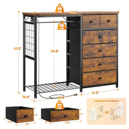 49.2" W Dresser with Hanging Rack & 6 Drawers, Grid Panel & 4 Hooks, view 3