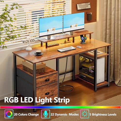 51" Computer Desk with Power Outlet and LED Lights, Reversible Home Office Desk with File Cabinet & Monitor Stand, Large Gaming Table with Storage Shelves & Drawer, Rustic Brown