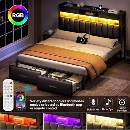 Queen Black Bed with Drawers and Charger, view 4