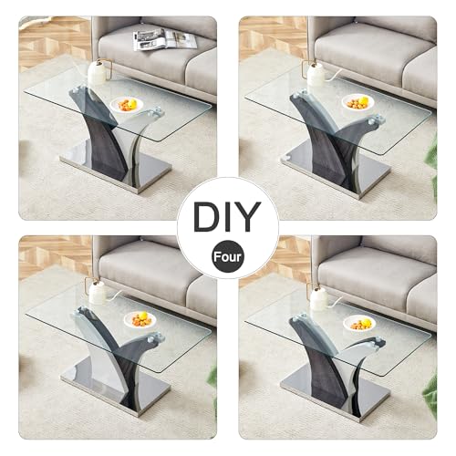 Rectangular Glass Coffee Table for Living Room, 39" Modern Clear Center Table, Tempered Glass Living Room Table with Wood Grain Textures Base