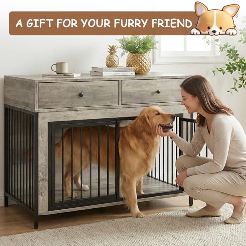 Large Dog Crate Furniture Wooden Dog Kennel Furniture with 2 Drawers, Grey, view 7
