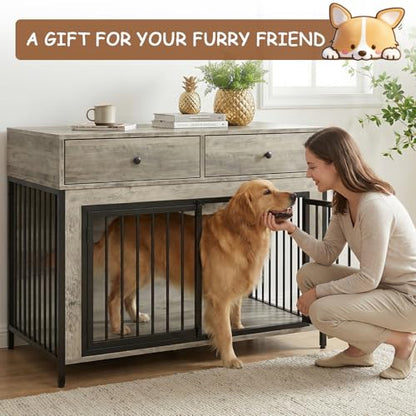 Large Dog Crate Furniture Wooden Dog Kennel Furniture with 2 Drawers, Grey, view 7