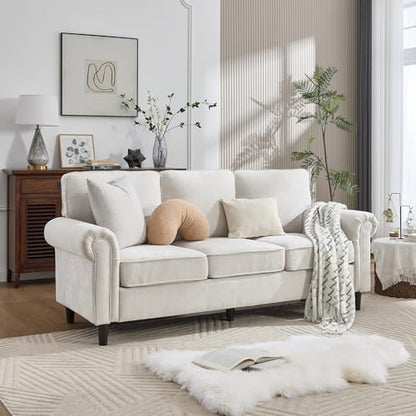 3 Seater Couch, Mid Century Modern Sofa with Rolled Arms and Deep Seats, Fluffy Comfort for Living Room, Apartment, Easy Assembly, Beige