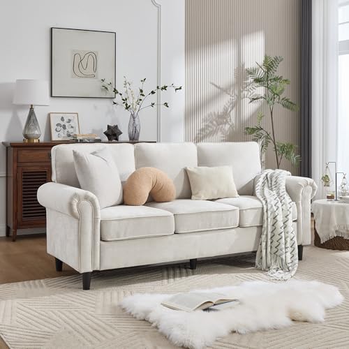 3 Seater Couch, Mid Century Modern Sofa with Rolled Arms and Deep Seats, Fluffy Comfort for Living Room, Apartment, Easy Assembly, Beige