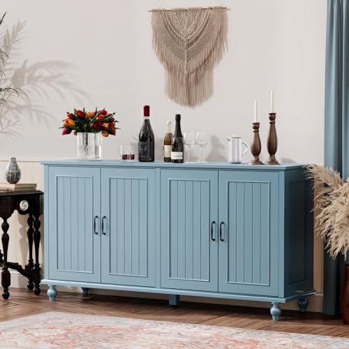 Sideboard Buffet Cabinet with 4 Doors, Vintage Coffee Bar Station, Blue, view 4