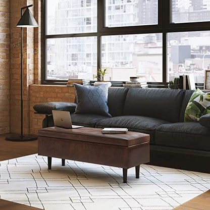 Shay 48 inch Wide Mid Century Modern Rectangular Storage Ottoman in Distressed Chestnut Brown Vegan Faux Leather, Assembled, For the Living Room, Entryway and Family Room
