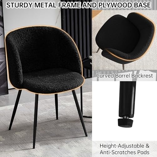5-Piece Modern Kitchen Dining Room Table Set for 4, 47-Inch Oak Wooden Dining Table Round with 4 Seated Black Arm Chairs Upholstered Sherpa, Mid-Century Breakfast Nook Table Set