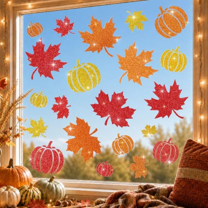 Glitter Fall Window Clings Autumn Thanksgiving Window Stickers Decals Decor, view 5