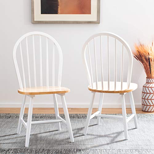 SAFAVIEH Home Collection – Camden Set of 2 White & Natural Windsor Farmhouse Dining Chairs, Oval Spindle Back Wood Chairs, Americana Style Seating (DCH8501F-SET2)