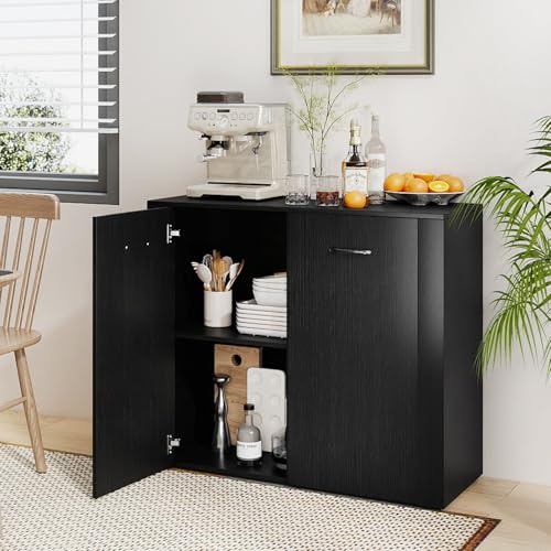 38-Inches Storage Cabinet, Sideboard with 2 Doors and 4 Cubic Shelves, Anti-Tipping Device, Sturdy Metal Hings, Credenza, Bathroom Cabinet for Living Room, Kitchen, Entryway, Black