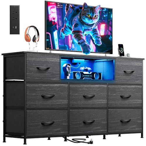 Dresser TV Stand for 65 Inch TV, 8 Drawers, LED, Black Wood Grain, view 2