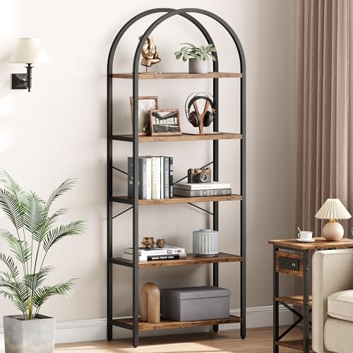 Bookshelf 5 Tier Bookcase Arched Display Racks Tall Standing Bookshelves Metal Frame Modern Storage Rack Shelf Large Wood Book Shelf for Bedroom, Living Room, Home Office (Rustic Brown)