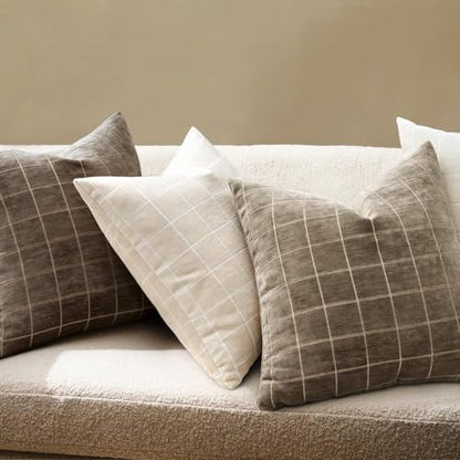 Taupe Grey Plaid Decorative Fall Throw Pillow Covers 20x20 Set of 2, view 4