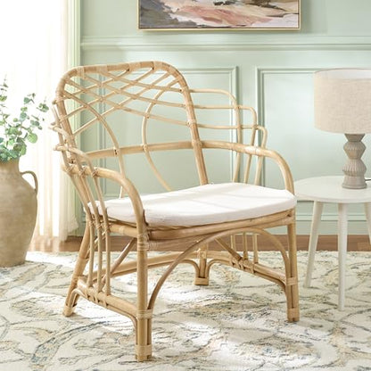 SAFAVIEH Home Collection - Junie Tropical Rattan Dining Chair, Natural & Cream Upholstered Seat, Coastal Boho Accent Chair, Fully Assembled (SEA8040A)