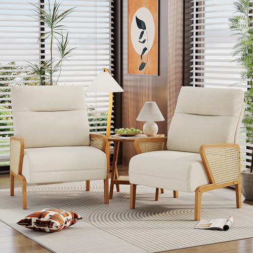 Upholstered Living Room Chairs Accent Chair Armchair, Natural Rattan Modern Slipper Club Chair Guest Reception Couch Comfy Single Sofa for Reading Bedroom-Ivory