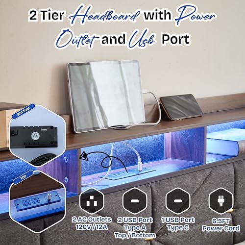 Upholstered Platform Bed Frame with Charging Station and Light Strips, Black, view 5