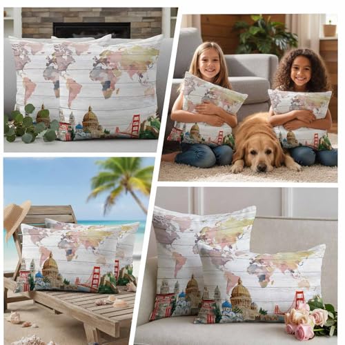 World Map Waterproof Outdoor Pillow Covers Set of 2 Home Decor, Famous Building Tourism Bridge Wood Grain Pillowcase Patio Pillow Covers for Couch Bench Patio Furniture Garden 24x24in